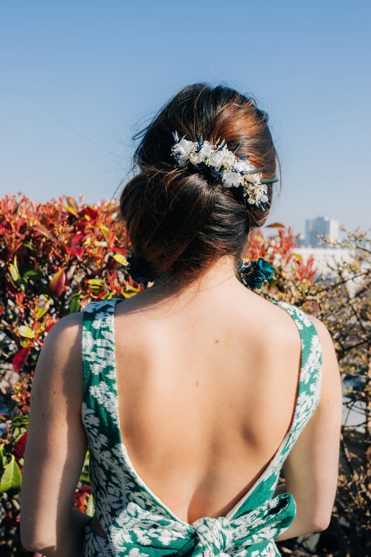 Peigne décoré de fleurs stabilisées de lavande et de feuilles d'olivier, pour mariée ou invitées