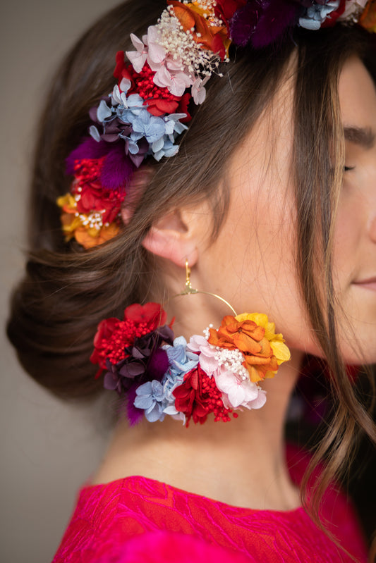 Boucles d’oreilles colorées en fleurs stabilisées ,personnalisables pour oreilles percées ou à clips.